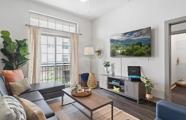 Sofa television coffee table and media console Living room at Paloma West Midtown in Atlanta Student Accommodation