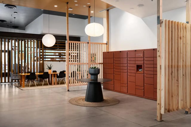 Locker bank and dining area common area at The Carmin in Tempe Student Accommodation