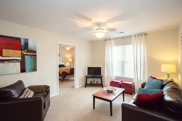 Sofa TV coffee table painting visible living room at Mountain Valley Apartments in Morgantown Student Accommodation