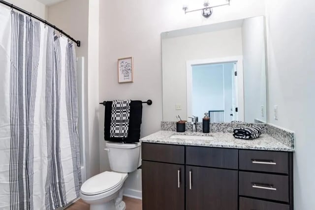 Toilet sink vanity and striped shower curtain bathroom at The Edition on Rosemary in Chapel Hill Student Accommodation