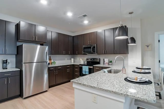 Modern kitchen with dark cabinets stainless steel appliances kitchen. at The Edition on Rosemary in Chapel Hill Student Accommodation