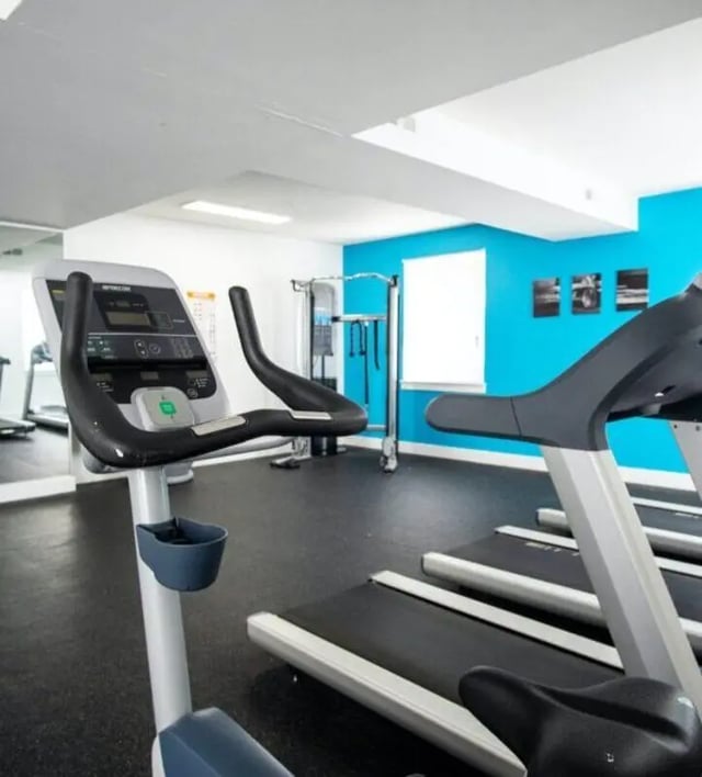 Exercise bikes and treadmills in gym Fitness room at The Eleanor at Chestnut Apartments in Philadelphia Student Accommodation