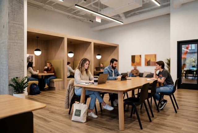 Students studying at communal table with booths Image Type Study Area at Post Chicago Apartments in Chicago Student Accommodation