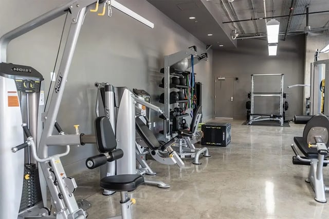 Gym equipment weight rack balls fitness room at Shortbread Lofts in Chapel Hill Student Accommodation
