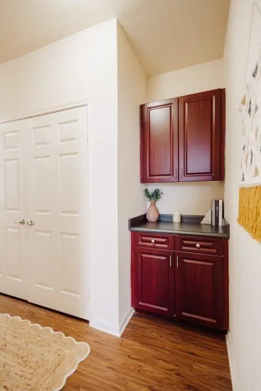 Two doors with cabinets above and below them at Maverick Place Apartments in Arlington Student Accommodation