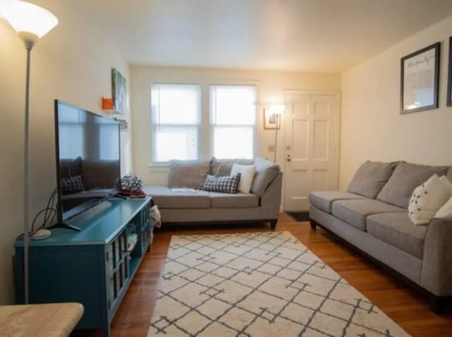Sofa television console and rug living room at Lakeside Vista in Ithaca Student Accommodation