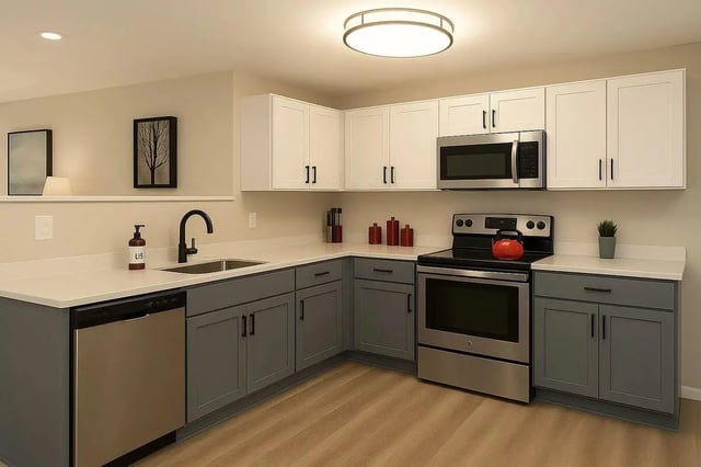 Modern kitchen with stainless steel appliances and cabinets kitchen at Mountaineer Village in Boone Student Accommodation