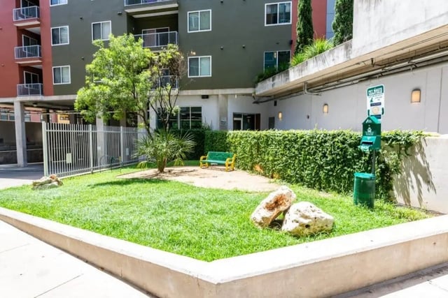 Pet area with bench and waste station outdoor space at Venue On Guadalupe in Austin Student Accommodation