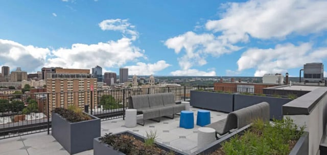 Rooftop lounge area with seating and city view exterior at Parc View at Commonwealth in Richmond Student Accommodation