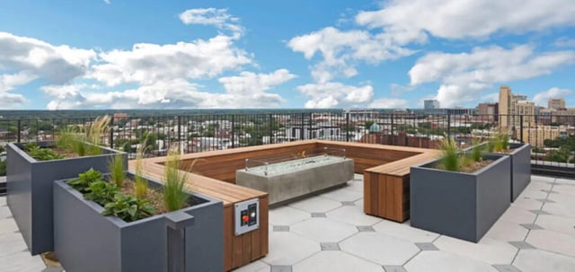 Rooftop fire pit seating planters balcony exterior at Parc View at Commonwealth in Richmond Student Accommodation