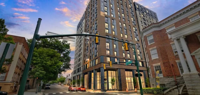 Modern apartment building exterior with city street view at Parc View at Commonwealth in Richmond Student Accommodation