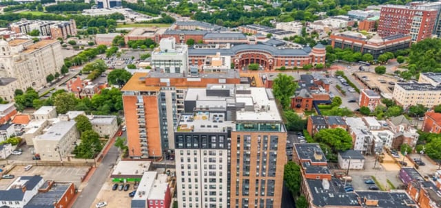 Apartment buildings and surrounding cityscape exterior at Parc View at Commonwealth in Richmond Student Accommodation