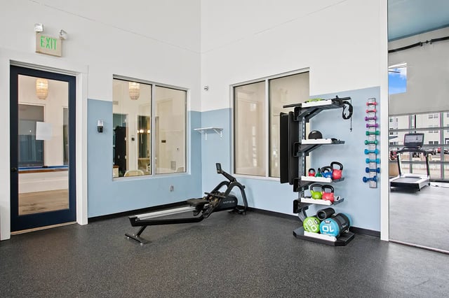 Rowing machine kettlebells dumbbells treadmill gym at Venue at North Campus in Tampa Student Accommodation