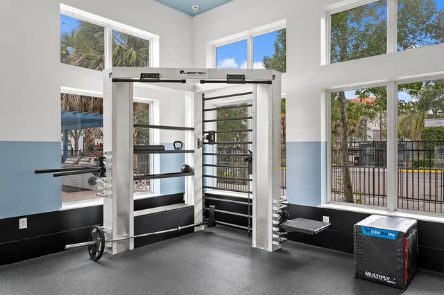 Gym equipment including weights and box gym room at Venue at North Campus in Tampa Student Accommodation