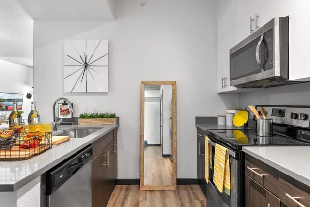Modern kitchen with microwave sink and stove kitchen at Signature 1909 in Austin Student Accommodation