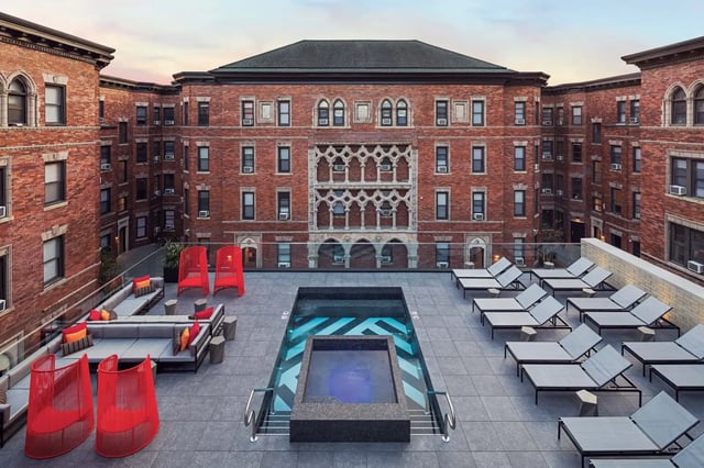 Rooftop lounge area pool and seating exterior at Hamilton Court in Philadelphia Student Accommodation