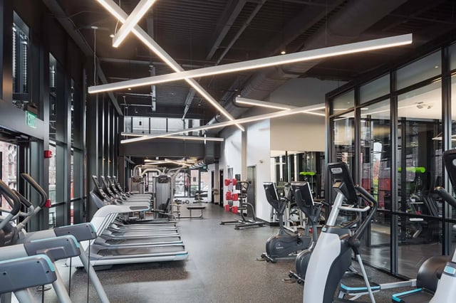 Cardio machines treadmills elliptical bikes weight machines gym area at Hamilton Court in Philadelphia Student Accommodation