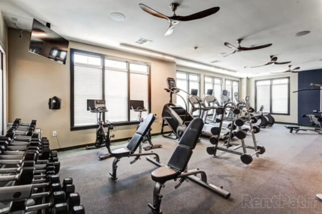 Dumbbells benches treadmills exercise bikes gym at Stadium View in Bozeman Student Accommodation