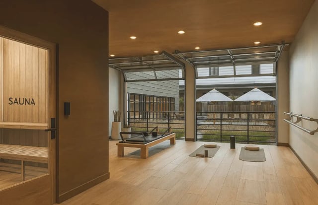 Sauna and yoga mats fitness room at Hannah Townhomes & Lofts in East Lansing Student Accommodation