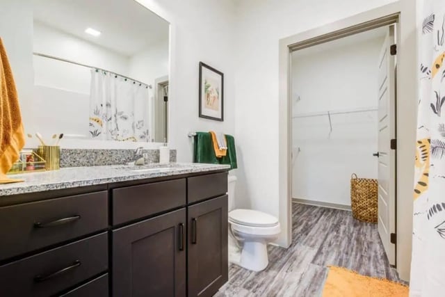 Dark vanity toilet and basket in bathroom at Signature Hartwell Village in Seneca Student Accommodation