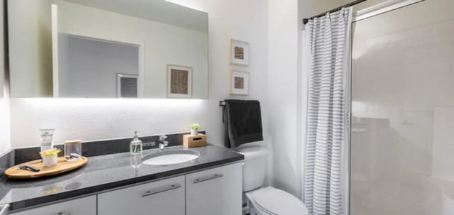 Sink vanity toilet shower with striped curtain bathroom at Vertex Apartments in Tempe Student Accommodation