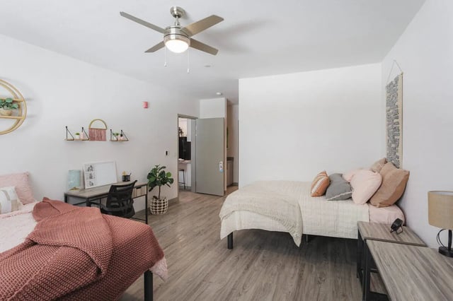 Two beds desk and plant bedroom at Merced Station in Merced Student Accommodation