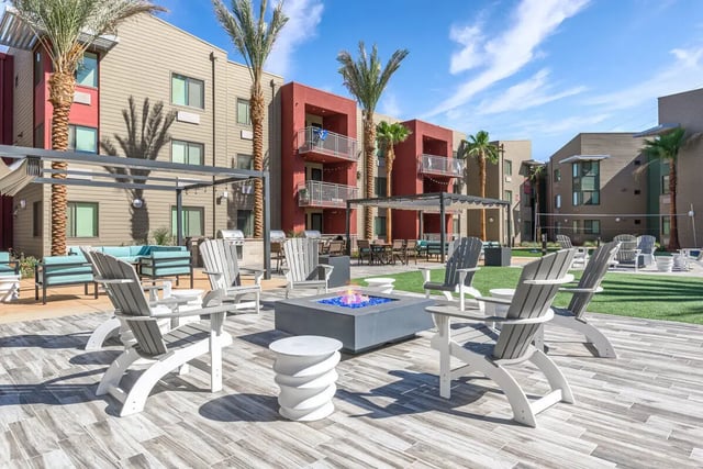 Fire pit and chairs exterior common area at Merced Station in Merced Student Accommodation