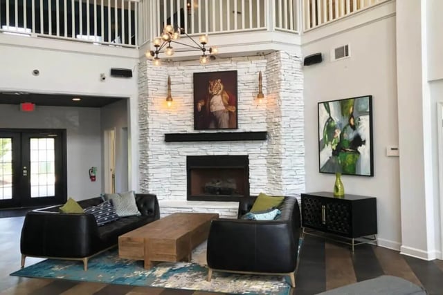Leather sofas wood table fireplace modern art living room at University Village At Clemson in Central Student Accommodation