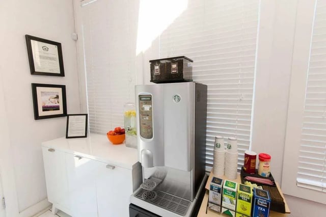 Coffee machine tea and fruit display kitchen area at Hawks Pointe II in Lawrence Student Accommodation