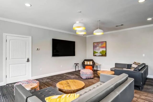 Modern living room with couches TV art painting living room at The Collective At Auburn in Auburn Student Accommodation