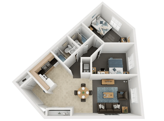 Two bedrooms kitchen living room bathrooms floor plan at Method Townhomes in Raleigh Student Accommodation