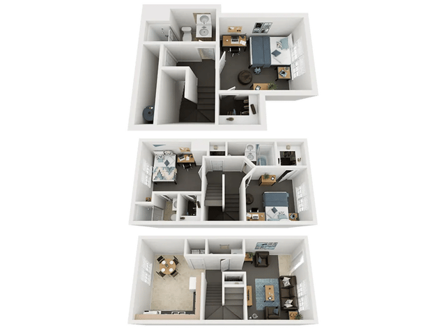 Floor plan with bedrooms bathrooms living and kitchen areas at Method Townhomes in Raleigh Student Accommodation