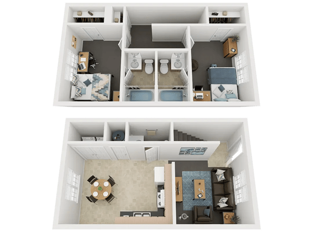 Two bedrooms two bathrooms and living area living room at Method Townhomes in Raleigh Student Accommodation
