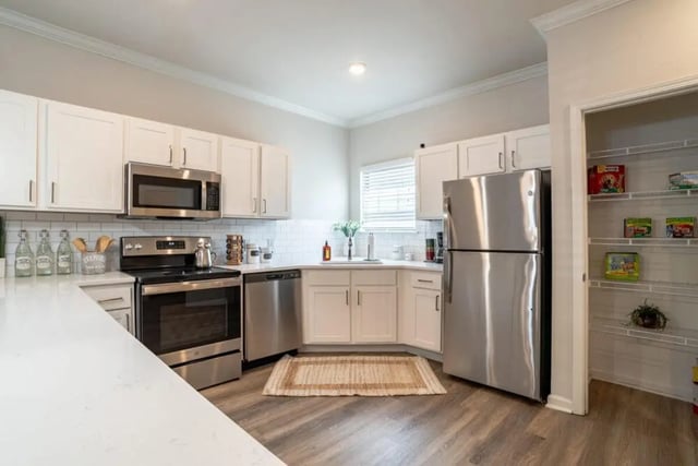 Modern kitchen with stainless steel appliances and pantry kitchen at The Collective At Clemson in Clemson Student Accommodation