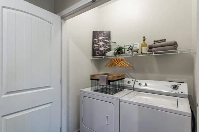 Washer dryer basket and shelf laundry room at The Collective At Clemson in Clemson Student Accommodation