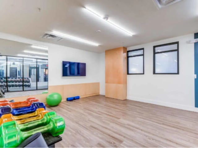 Dumbbells green ball yoga mats gym Fitness Room at Wertland Square in Charlottesville Student Accommodation