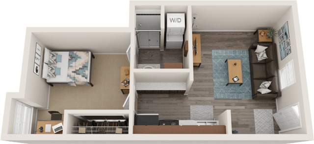 Bed desk washer dryer living area kitchen exterior at The Commons at Knoxville in Knoxville Student Accommodation