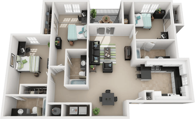 Floor plan with multiple bedrooms living kitchen bathroom exterior at The Lodge on the Trail Apartments in West Lafayette Student Accommodation