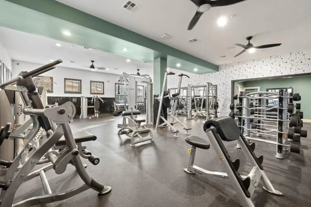 Weight machines barbells and benches gym at The Collective At Norman in Norman Student Accommodation
