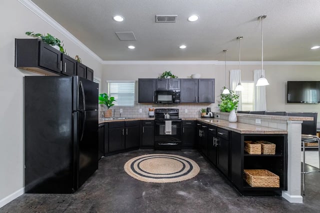 Black cabinets black fridge round rug kitchen at The Collective at Columbia in Columbia Student Accommodation