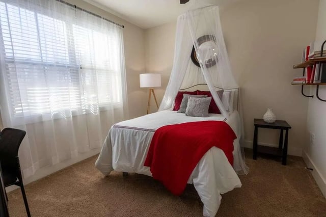 Bed with canopy pillows red throw bedside table and shelves bedroom at The Waverly in Newark Student Accommodation