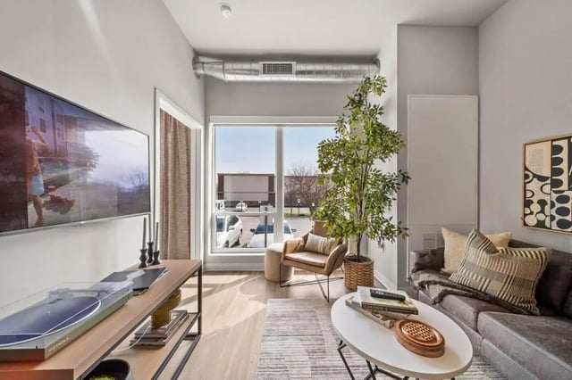 Sofa armchair coffee table TV plant living room at Proxi Lawrence Apartments in Lawrence Student Accommodation