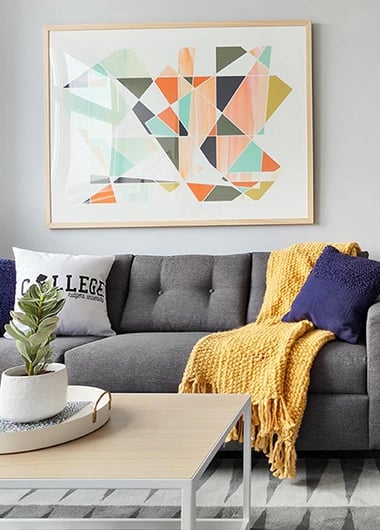 Sofa with pillows throw rug and artwork Living room at SoCam 290 Apartments in New Brunswick Student Accommodation