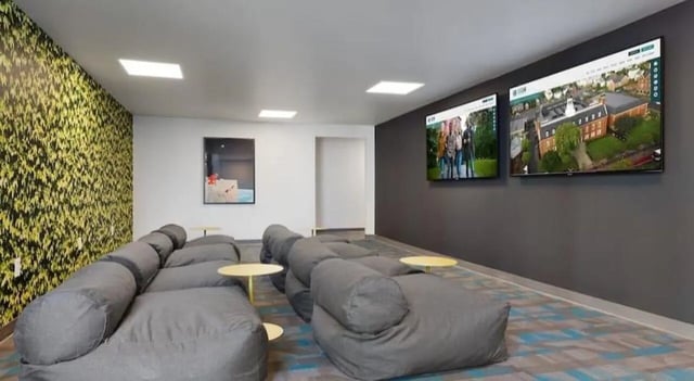 Beanbag seating with two screens lounge area at SoCam 290 Apartments in New Brunswick Student Accommodation