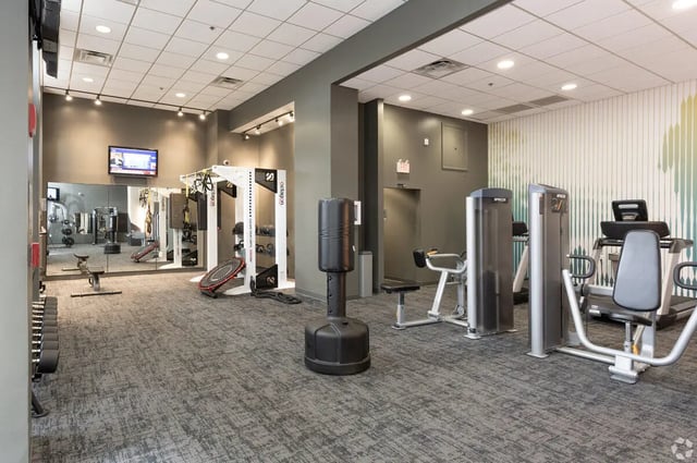 Dumbbells punching bag weight machines treadmill fitness center at SoCam 290 Apartments in New Brunswick Student Accommodation
