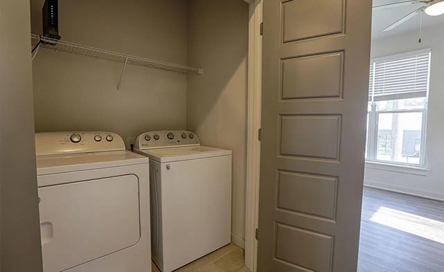 Washer dryer unit with shelving Laundry room exterior at The Highlands in Reno Student Accommodation