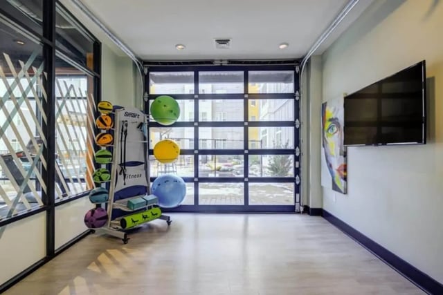 Exercise balls and equipment fitness area at Proximity At 10th in Greenville Student Accommodation