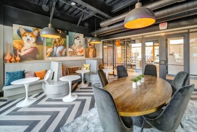 Dog art couches round table and chairs lounge area at Proximity At 10th in Greenville Student Accommodation