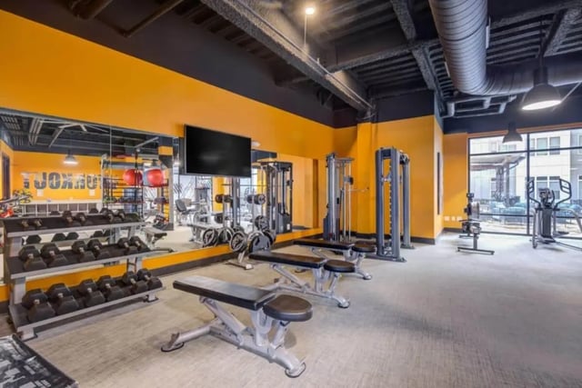 Gym with dumbbells weight machines and benches gym at Proximity At 10th in Greenville Student Accommodation