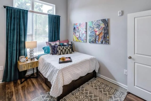 Bed nightstand art paintings and curtains bedroom at Proximity At 10th in Greenville Student Accommodation